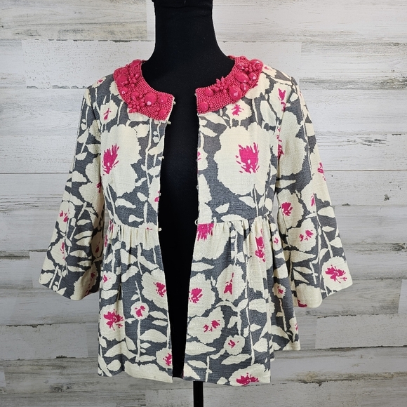 Nanette Lepore Floral Beaded Neck Peplum Blazer Sz 6 Barbie Pink Gray Coquette - Picture 6 of 16